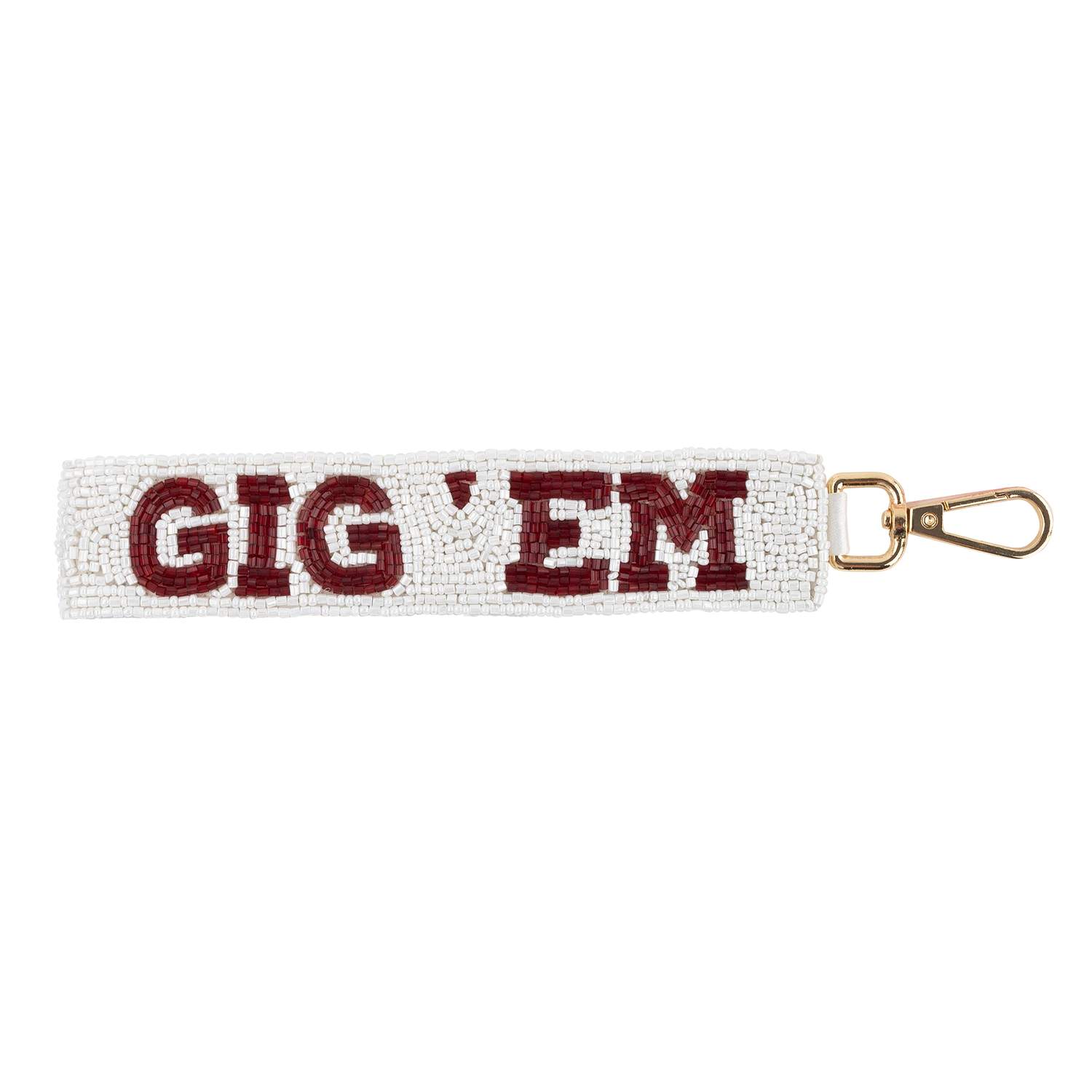 Beaded keychain with 'GIG'EM' text on a white background