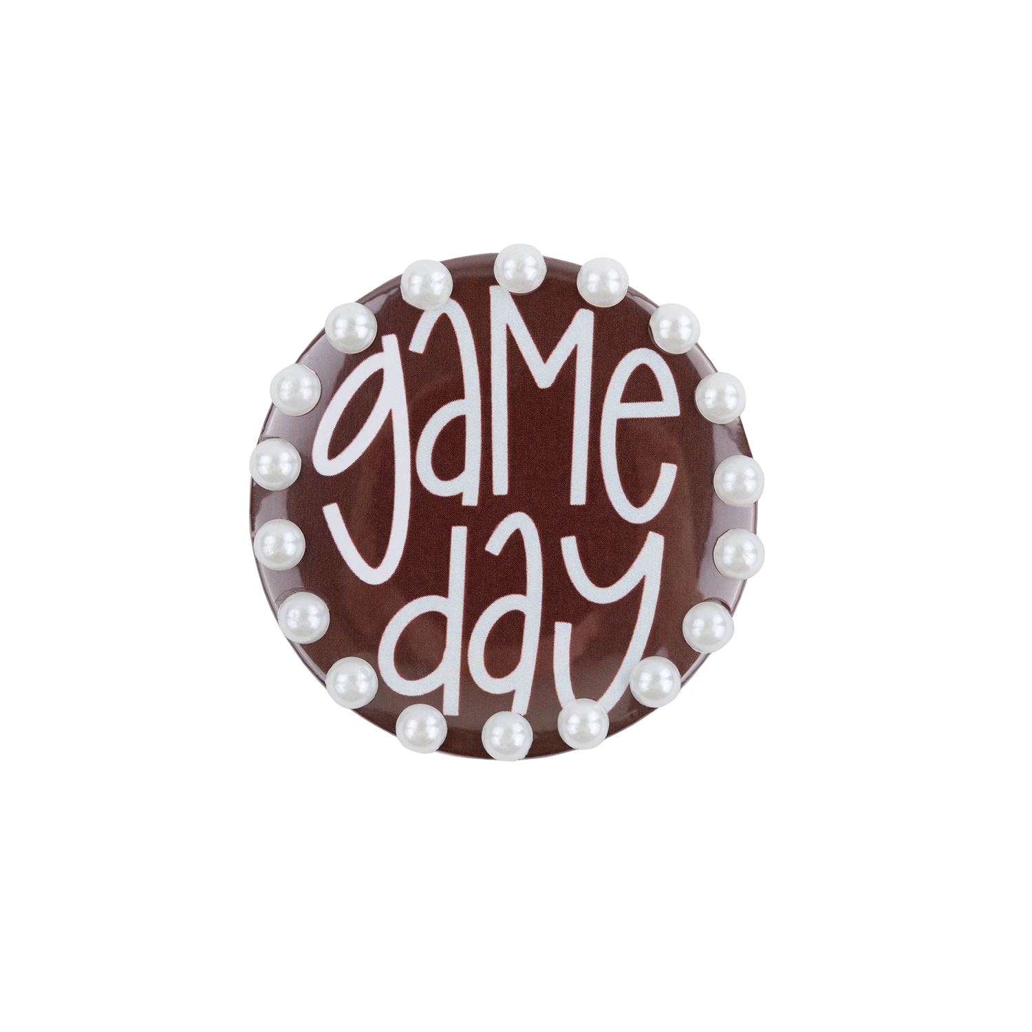 Round maroon button with 'game day' text and pearl-like embellishments