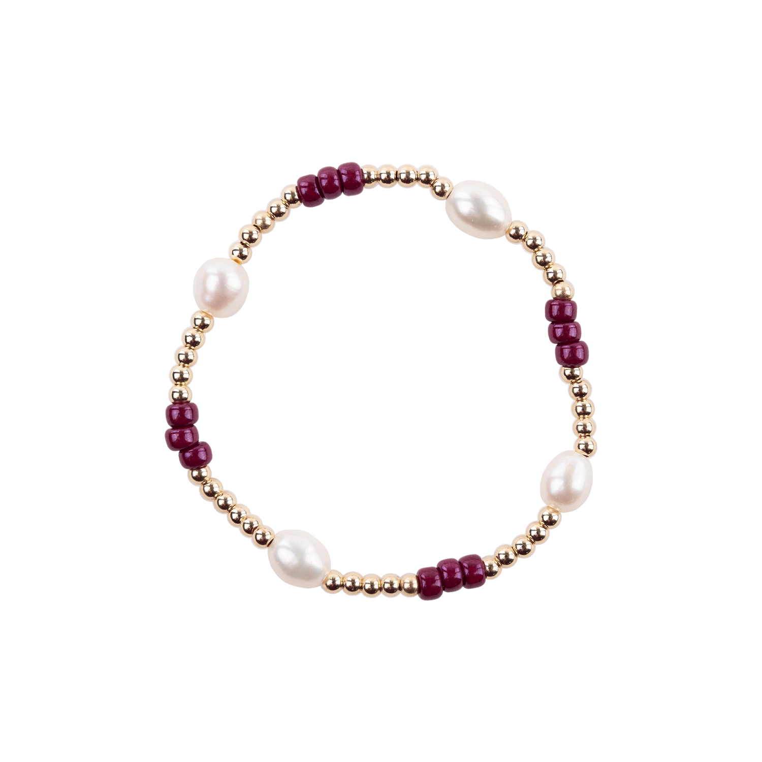Gold beaded bracelet with maroon and white beads.