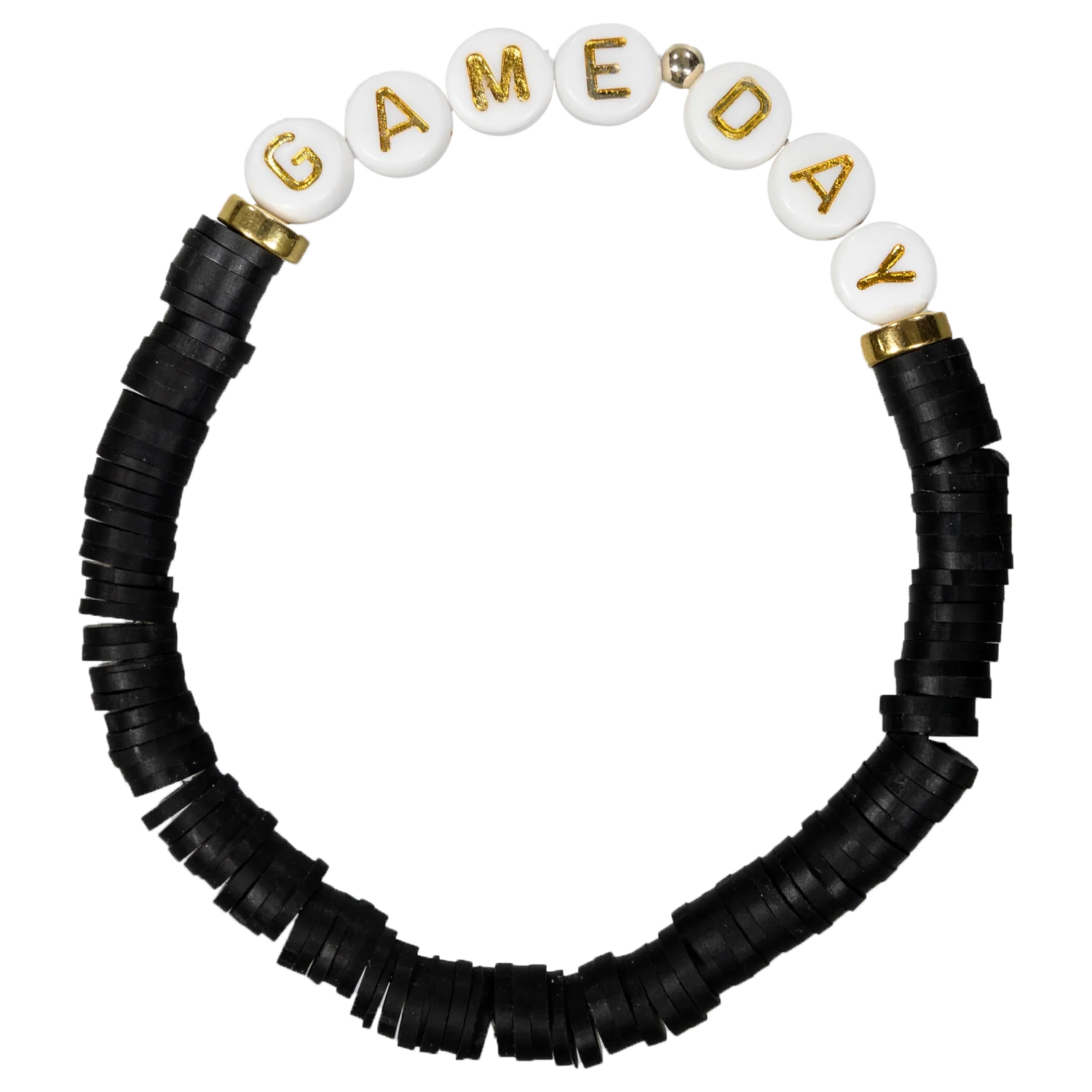 Black beaded stretch bracelet featuring white letter beads with gold “GAMEDAY” lettering and gold accent beads.