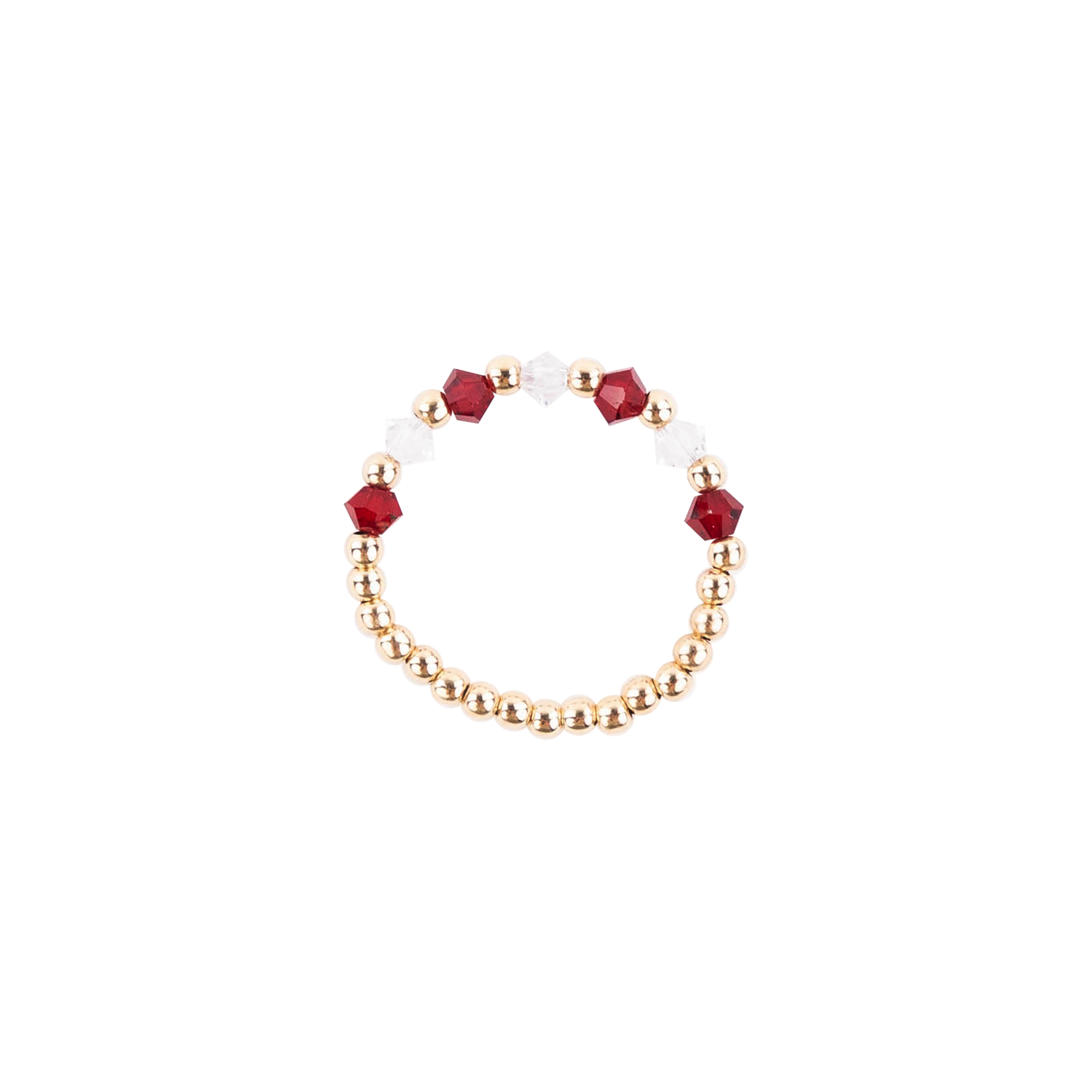 Gold beaded rings with maroon and white crystals