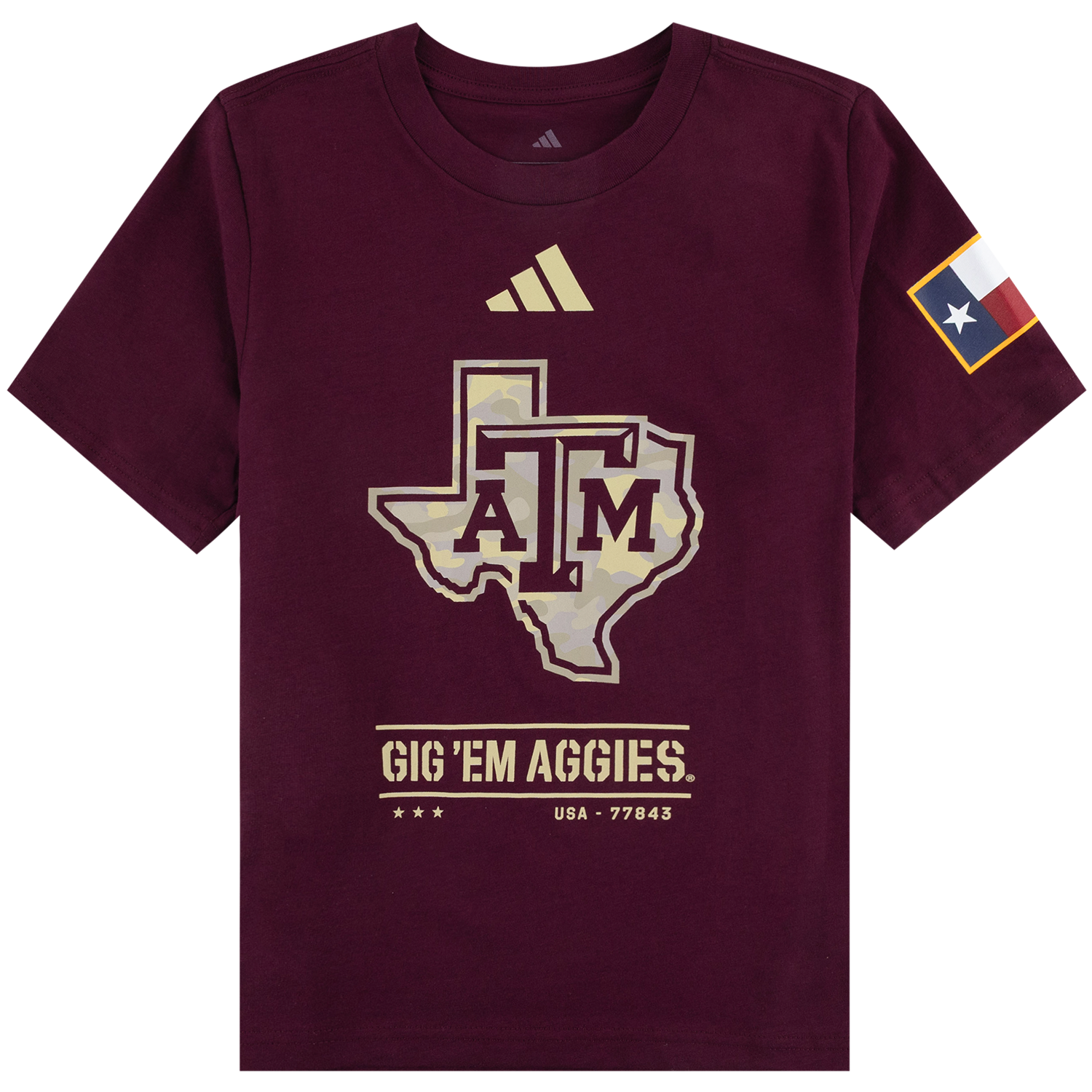 A maroon short-sleeve t-shirt with a camo Texas A&M Aggies graphic on the front, featuring the 'A&M' logo inside the state of Texas, the Adidas logo, and a Texas flag on the sleeve.