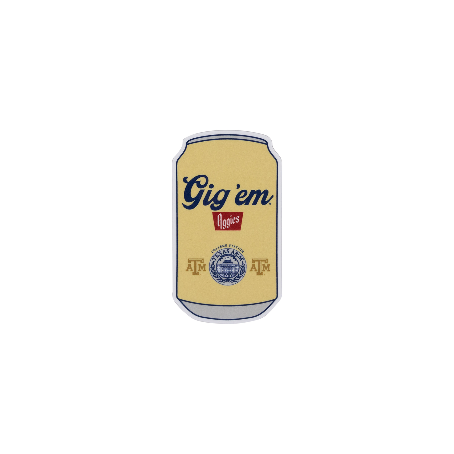 A die-cut enamel pin shaped like a beer can, featuring the text 'Gig' em' in dark blue script and 'Apples' in a red box logo on a pale yellow background, with a silver-gray outline.
