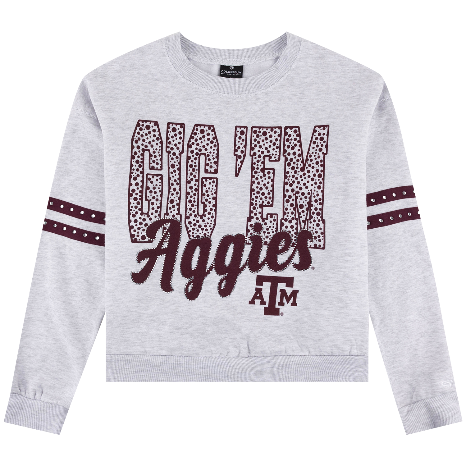 Light gray Texas A&M cropped crewneck sweatshirt featuring maroon polka-dot “GIG ’EM” lettering, rhinestone-accented “Aggies” script, an ATM logo, and maroon stripes with silver studs on the sleeves.