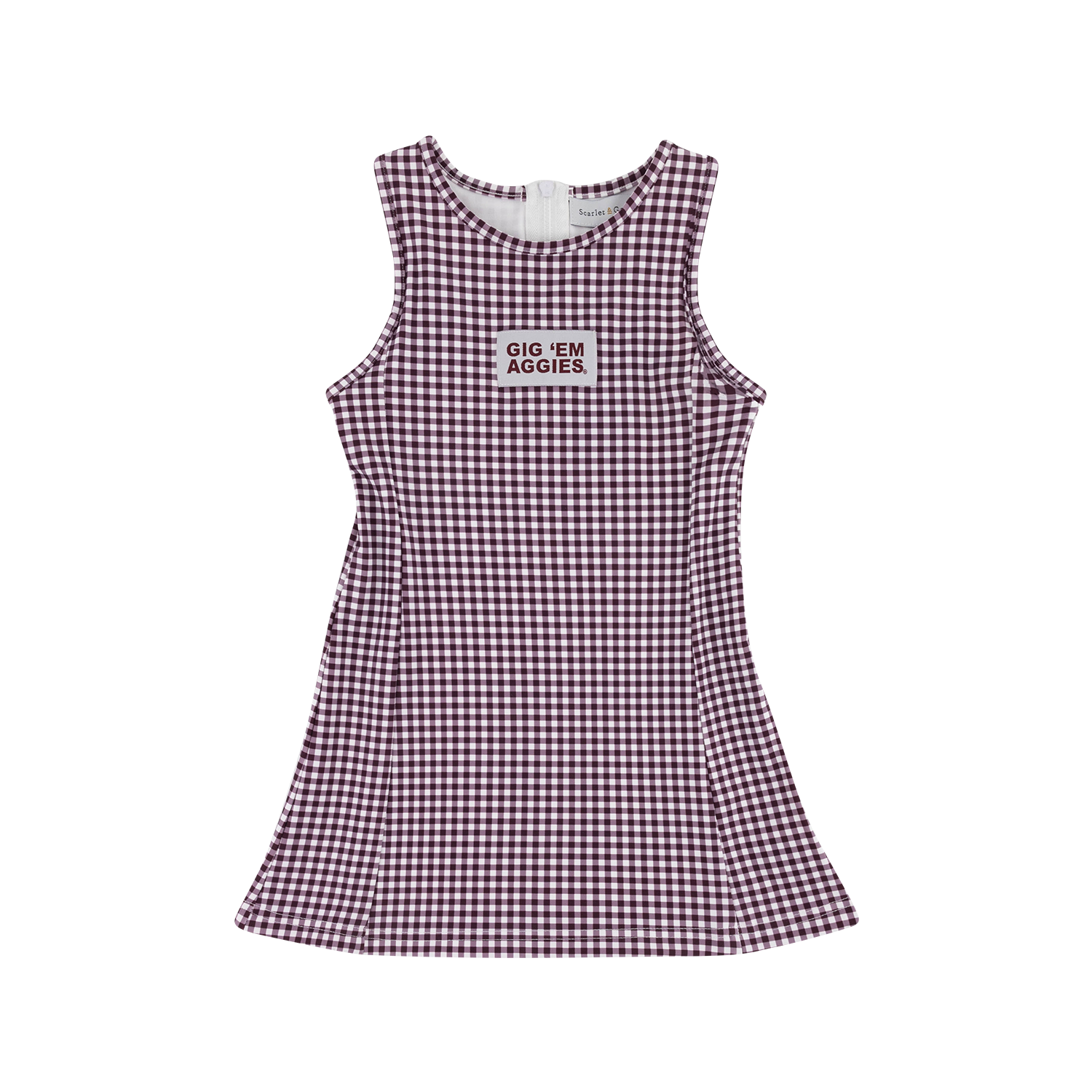 A sleeveless scoop-neck dress with a maroon and white gingham check pattern and a small rectangular chest patch that reads 'GIG 'EM AGGIES'.