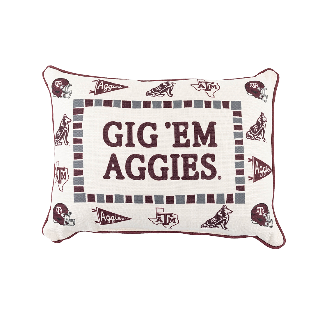 A rectangular decorative throw pillow with a white background and maroon and gray printed Texas Aggies football theme, featuring the text 'GIG 'EM AGGIES' in the center.