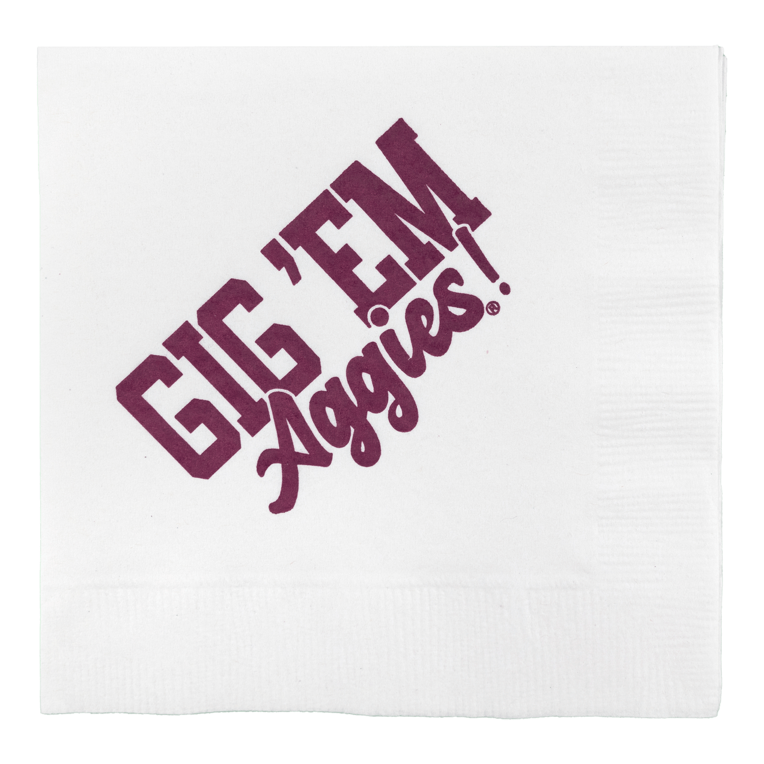 White Napkins with Maroon "Gig'Em Aggies!" lettering