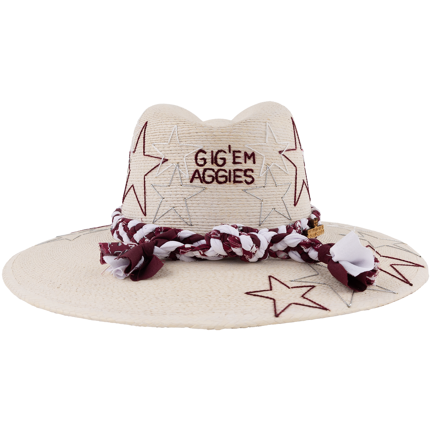 A cream-colored woven straw hat with embroidered red and silver stars, featuring the text 'GIG'EM AGGIES' on the front. The hat is decorated with a matching braided rope band in cream, white, and burgundy, and is shown against a plain white background.