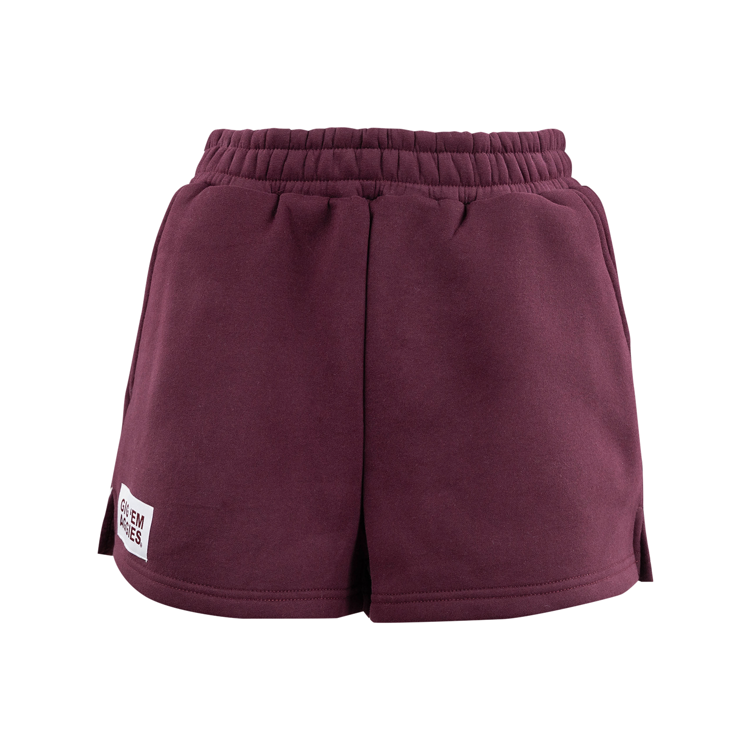 Maroon shorts with a small white label 