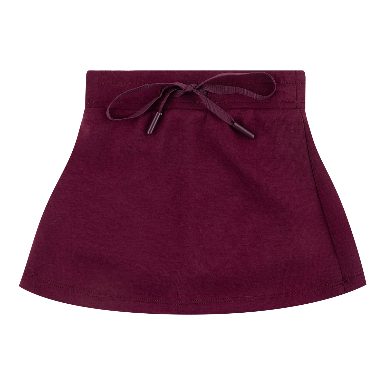 A dark burgundy mini skirt with an elastic waistband and a matching drawstring tied in the front, shown against a plain white background.