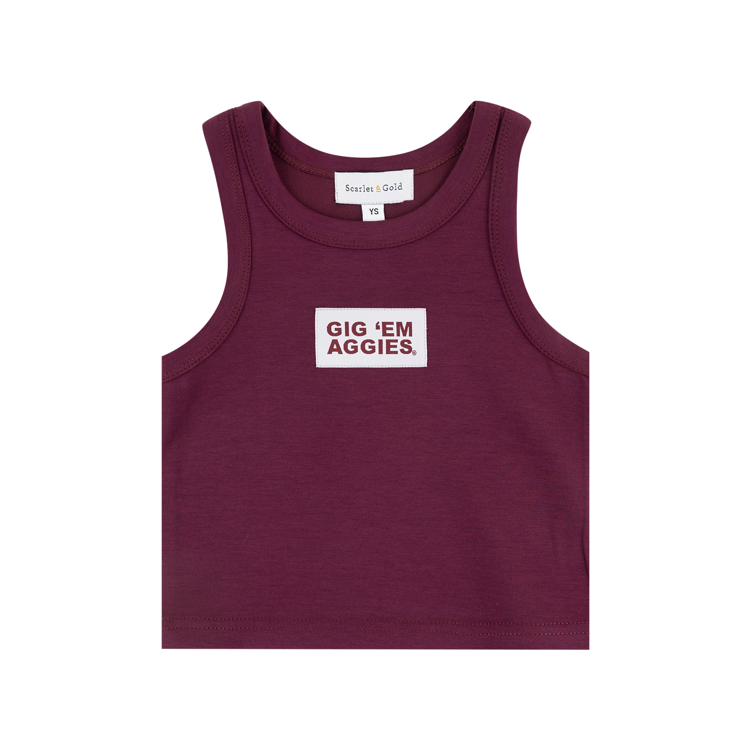 A sleeveless youth tank top in burgundy with a white rectangular chest patch that reads 'GIG 'EM AGGIES.' in burgundy text.