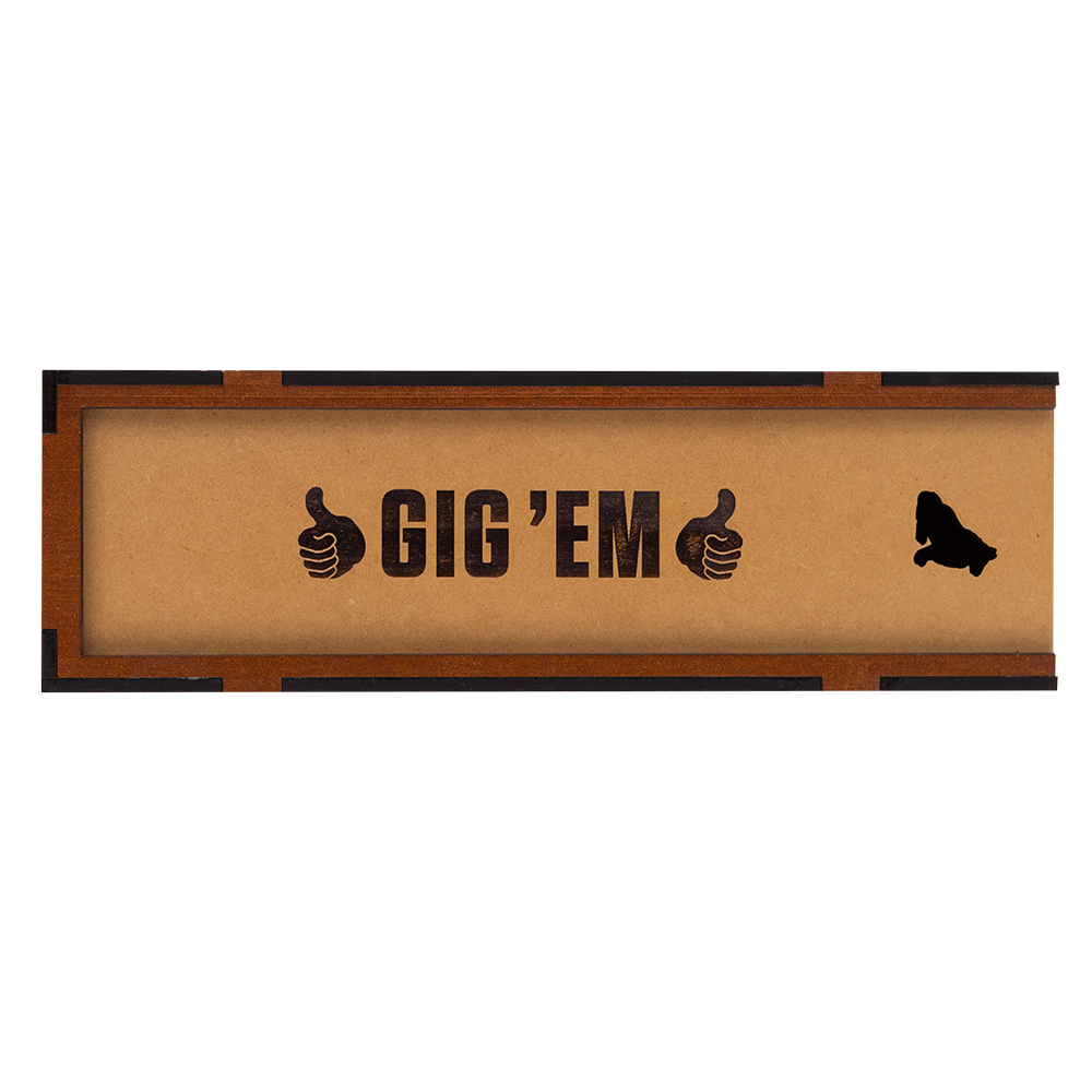 Decorative sign with 'GIG 'EM' text and thumbs-up icons