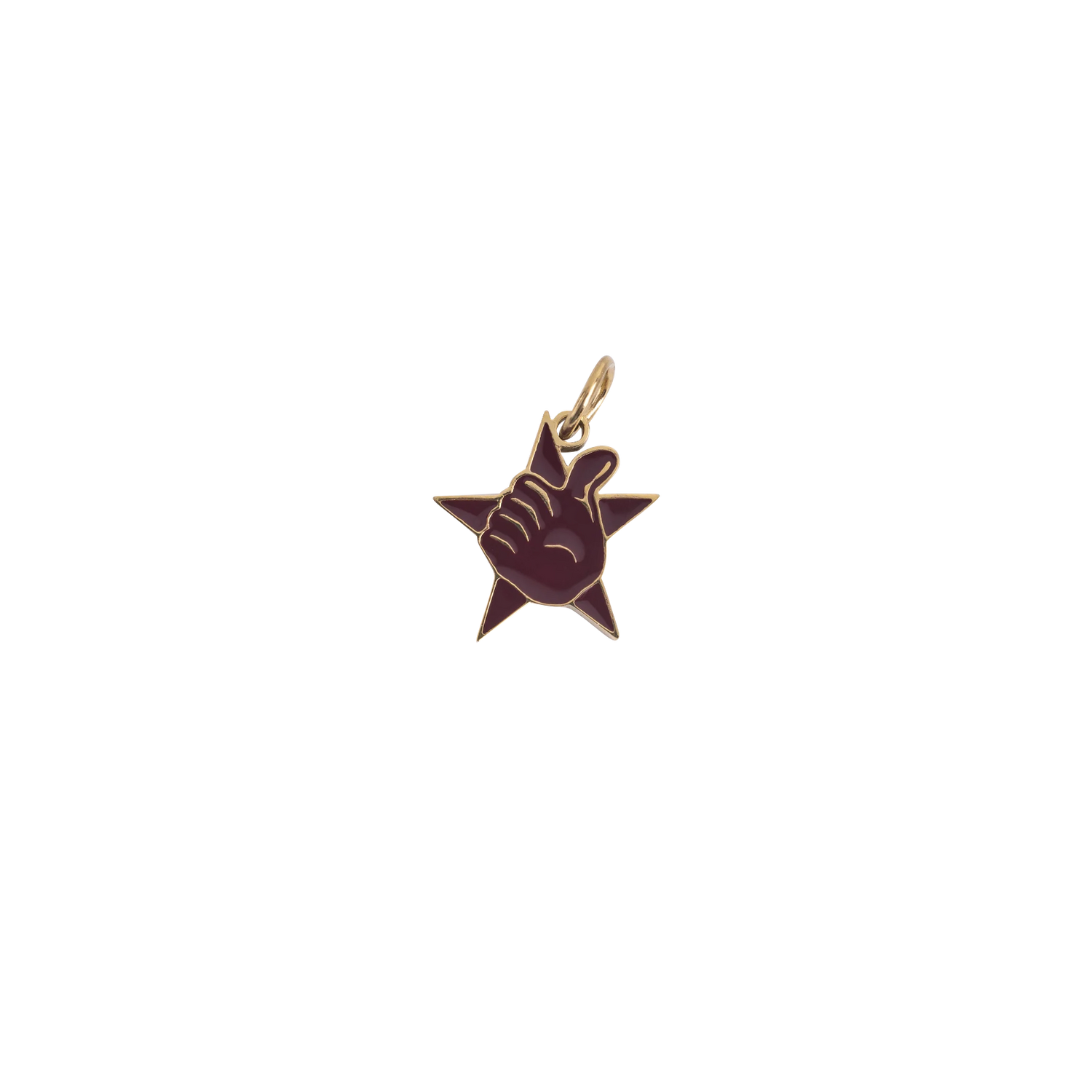 Gold-tone Texas A&M charm featuring a maroon hand making the “Gig ’Em” gesture over a star-shaped design.