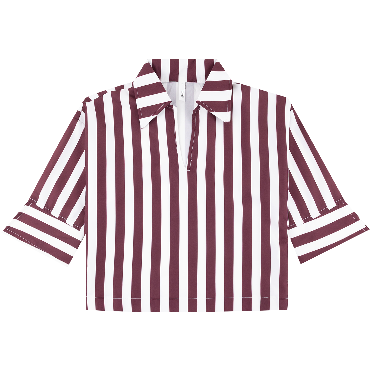 Maroon and white striped short-sleeve pullover shirt with a collared neckline and V-neck.