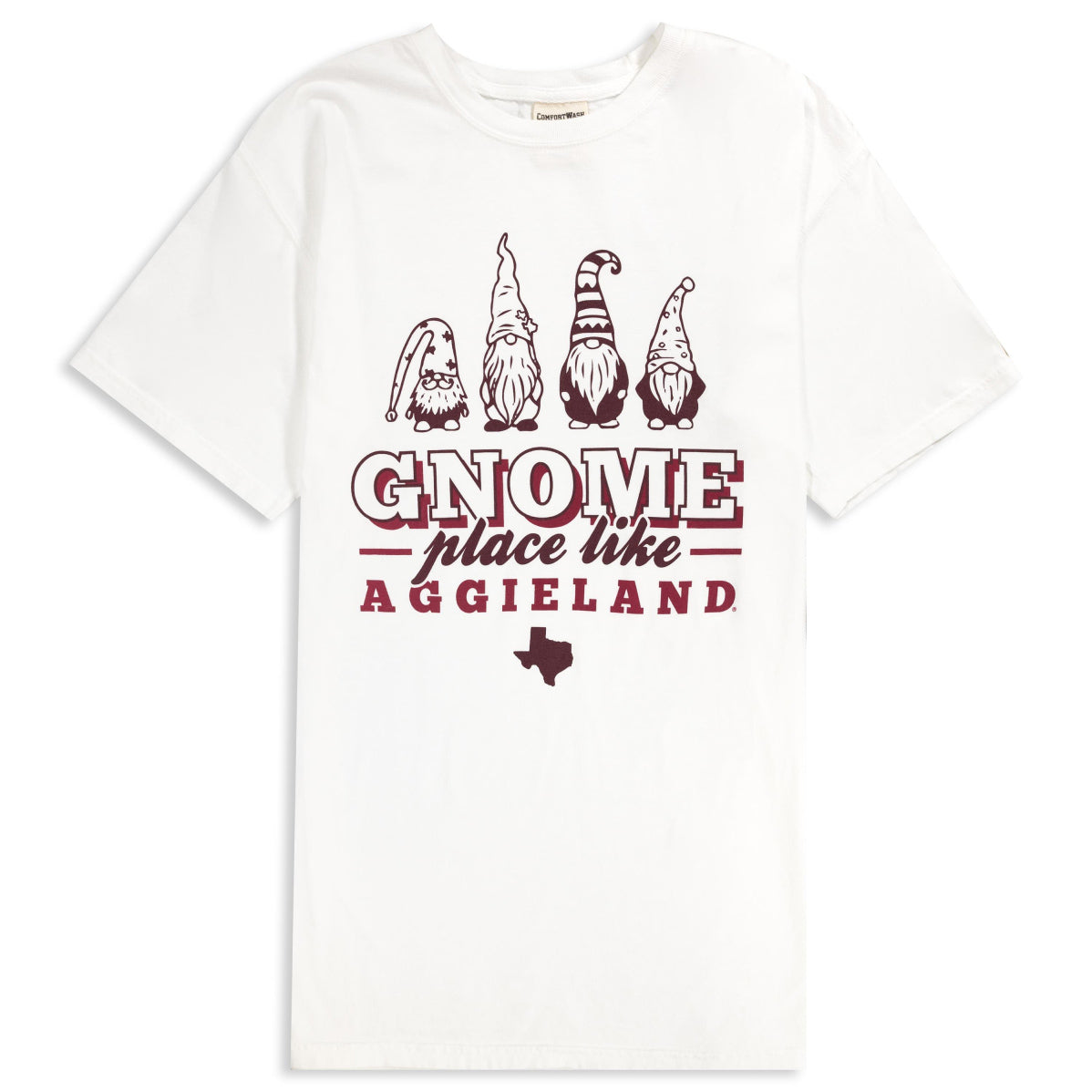 White t-shirt with "GNOME place like AGGIELAND" in maroon.