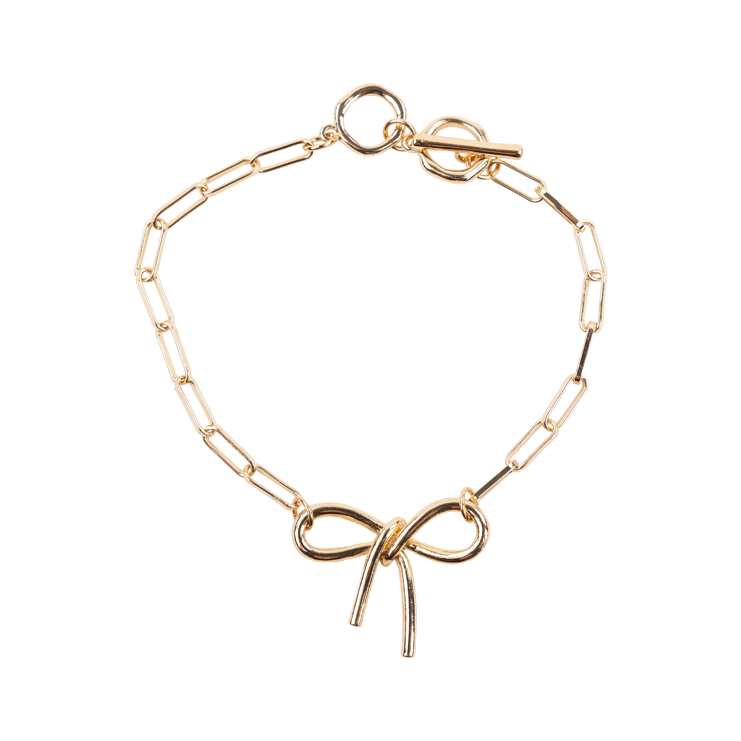 Gold chain bracelet with gold bow.