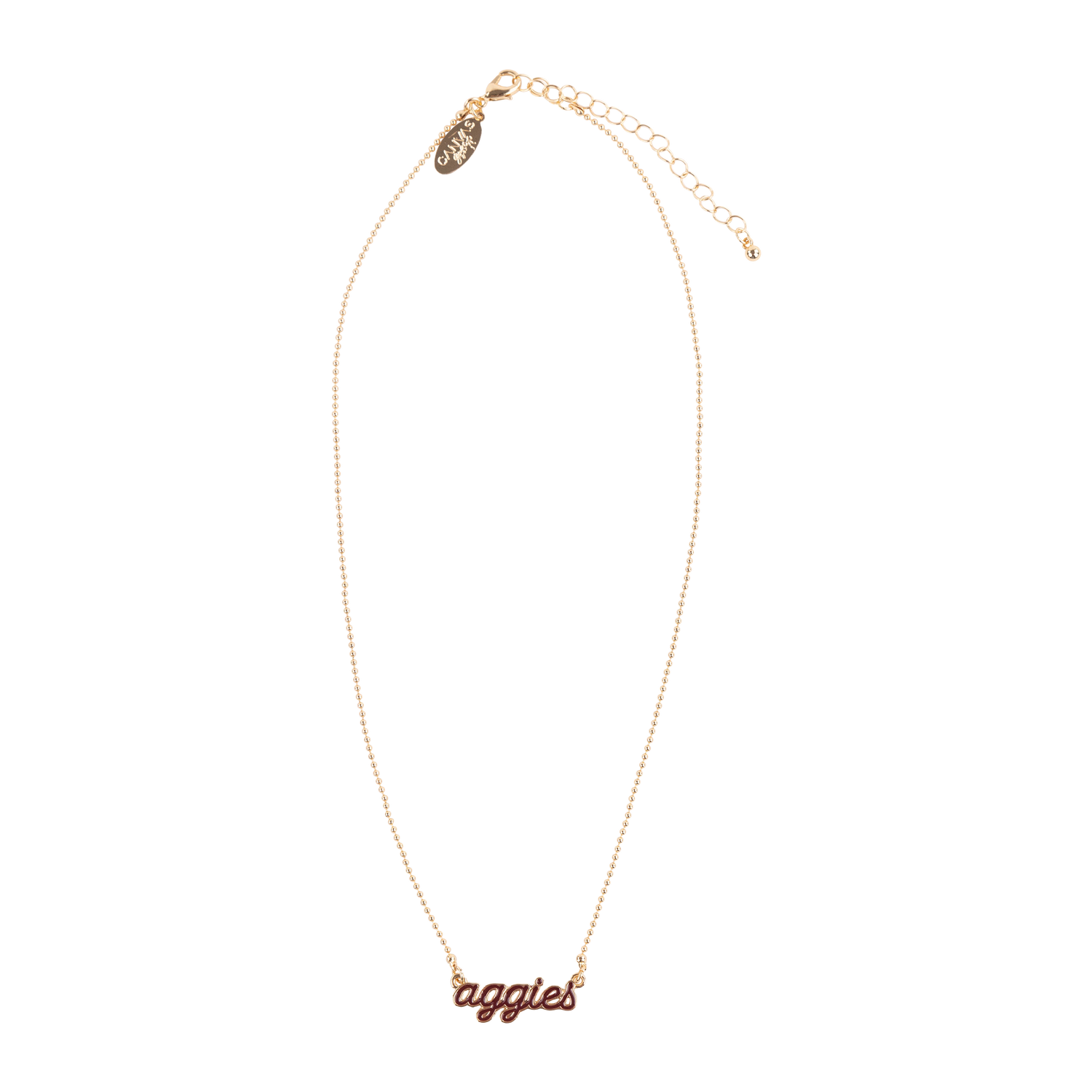 Gold necklace with "AGGIES" on the necklace in maroon.