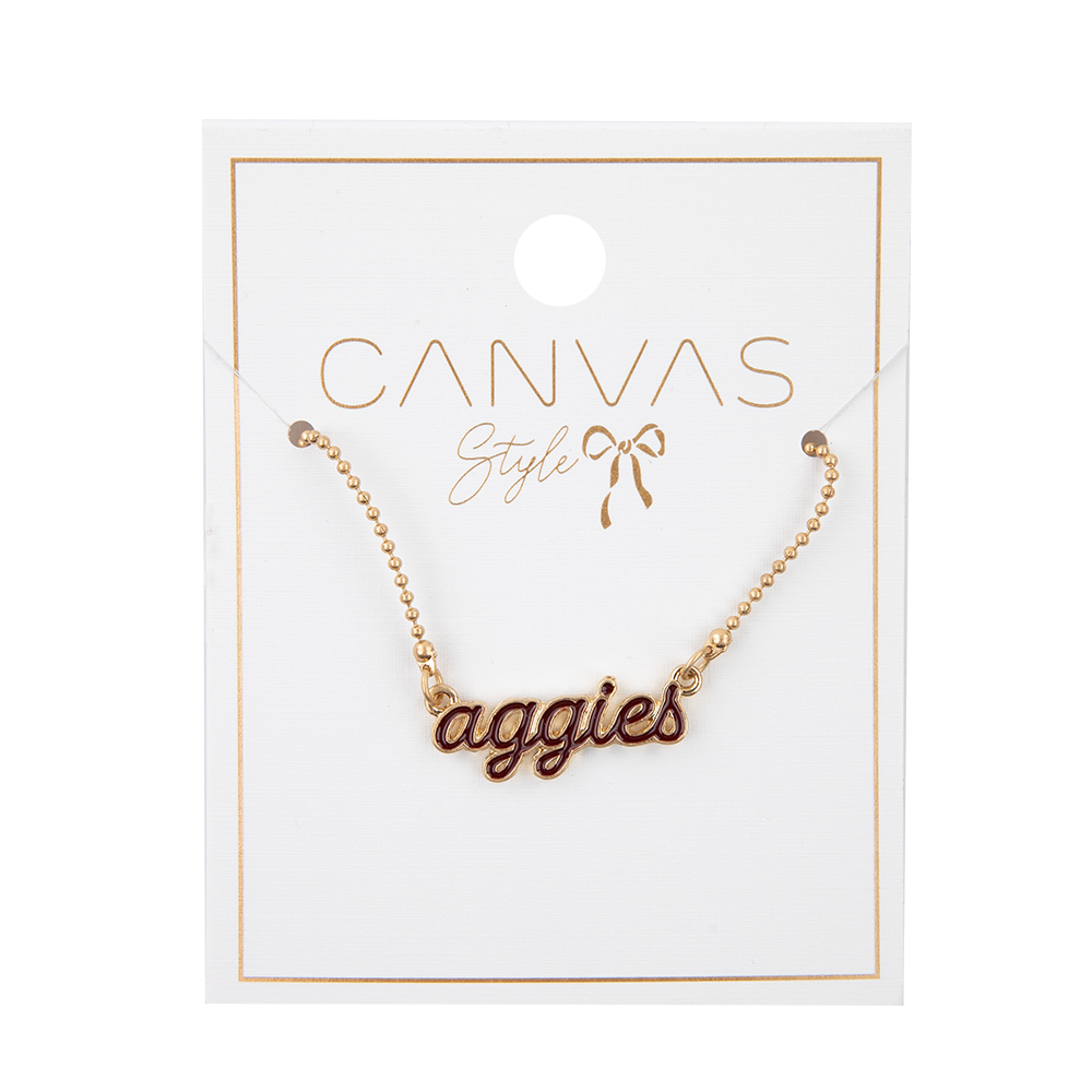 Gold bead necklace with aggies script