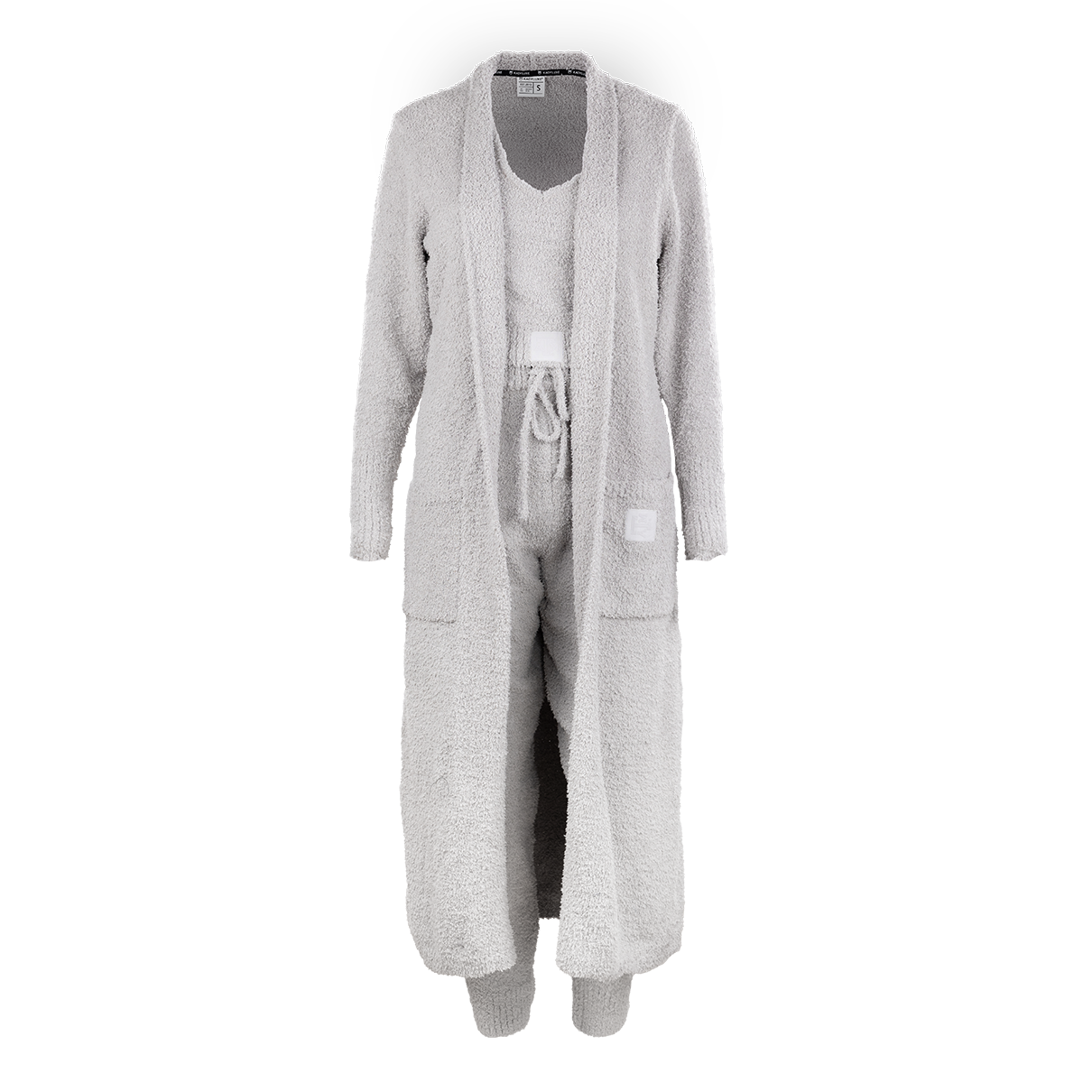 Gray 3 piece fuzzy set with a cardigan, tank top, and bottoms.