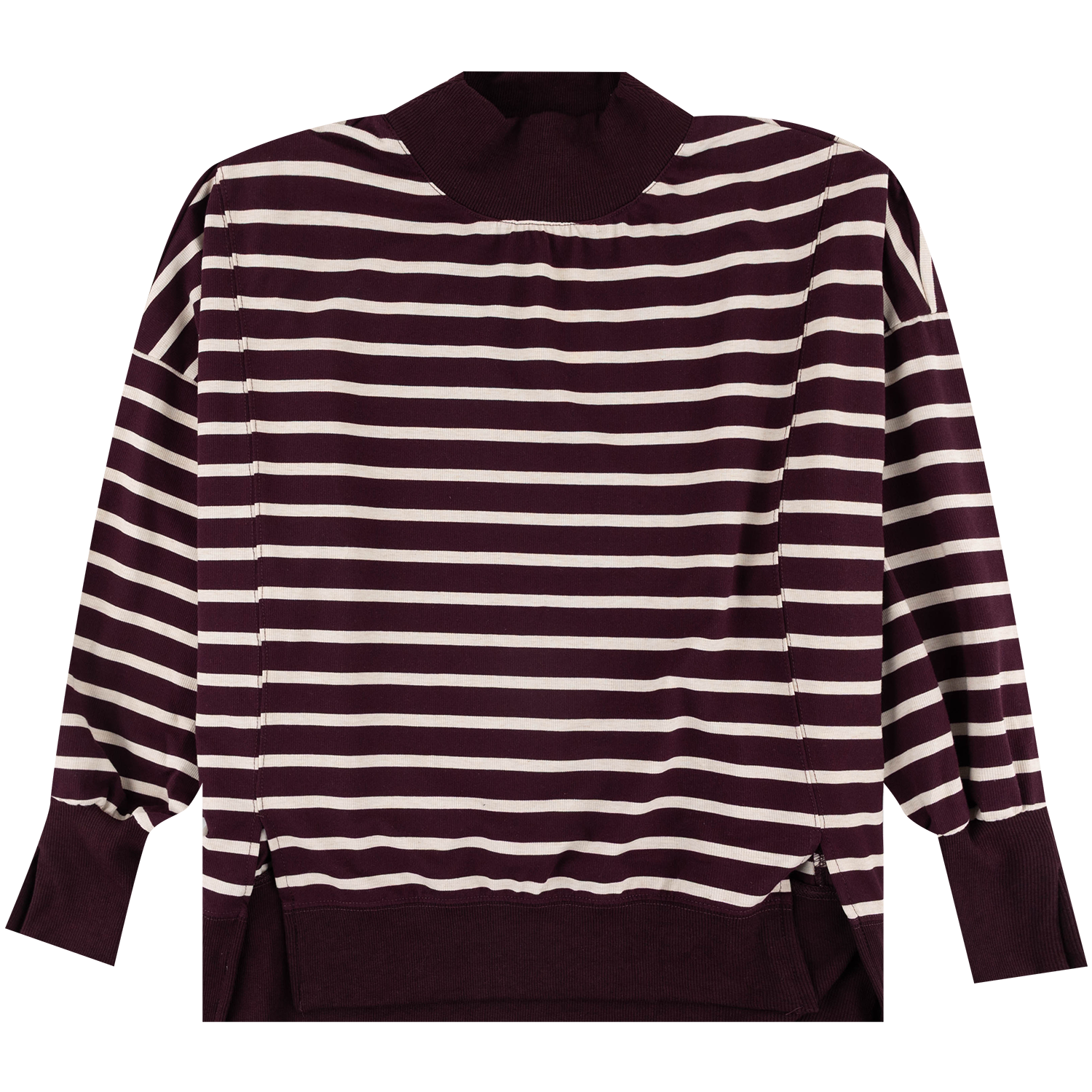 Maroon long-sleeve pullover with a cream horizontal stripe pattern, ribbed mock neck, and ribbed cuffs and hem.