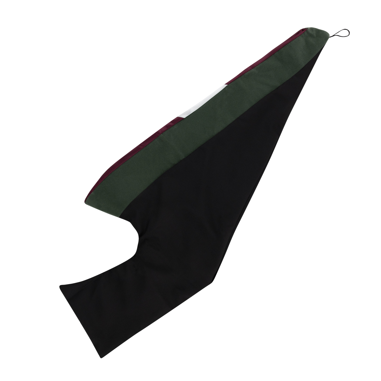 Black Texas A&M graduation hood with a sage green velvet lining, maroon trim, and a black hanging loop.