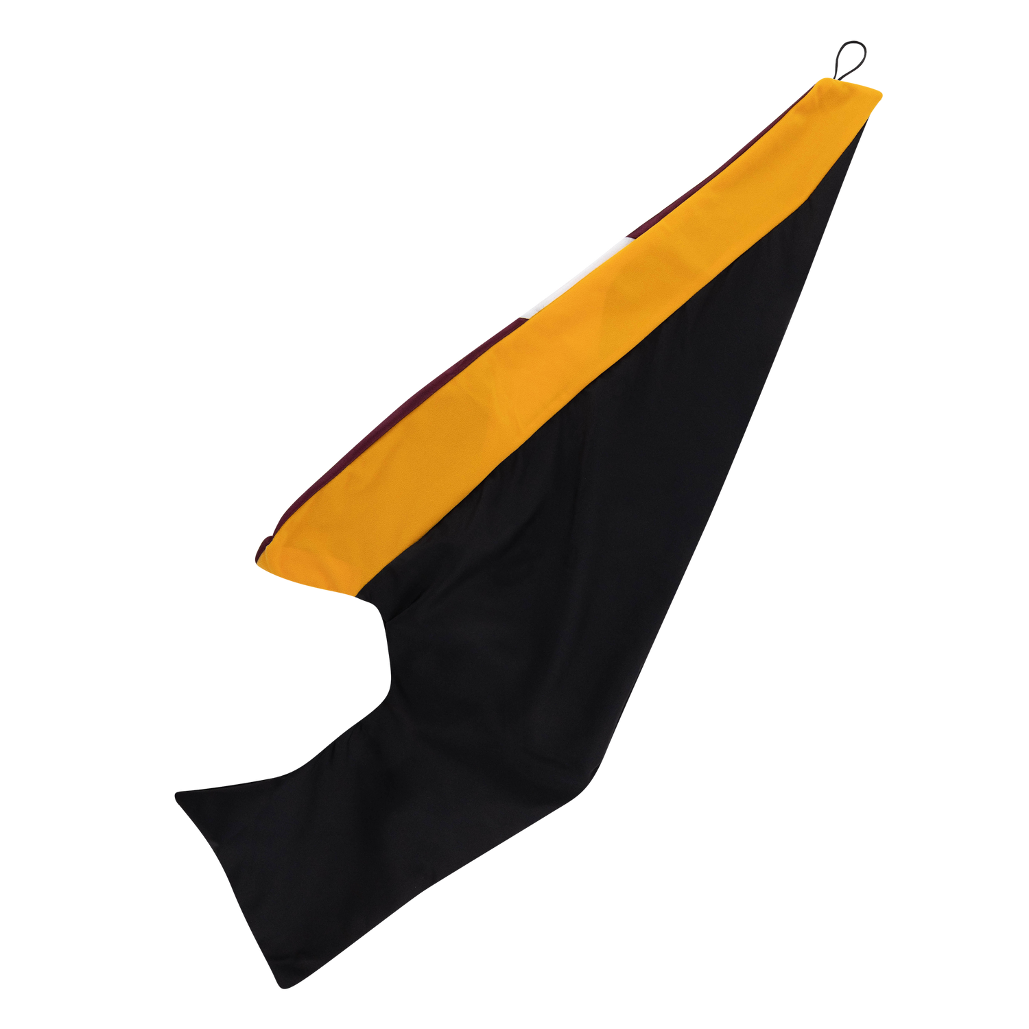 Black Texas A&M graduation hood with a gold velvet lining, maroon trim, and a black hanging loop.