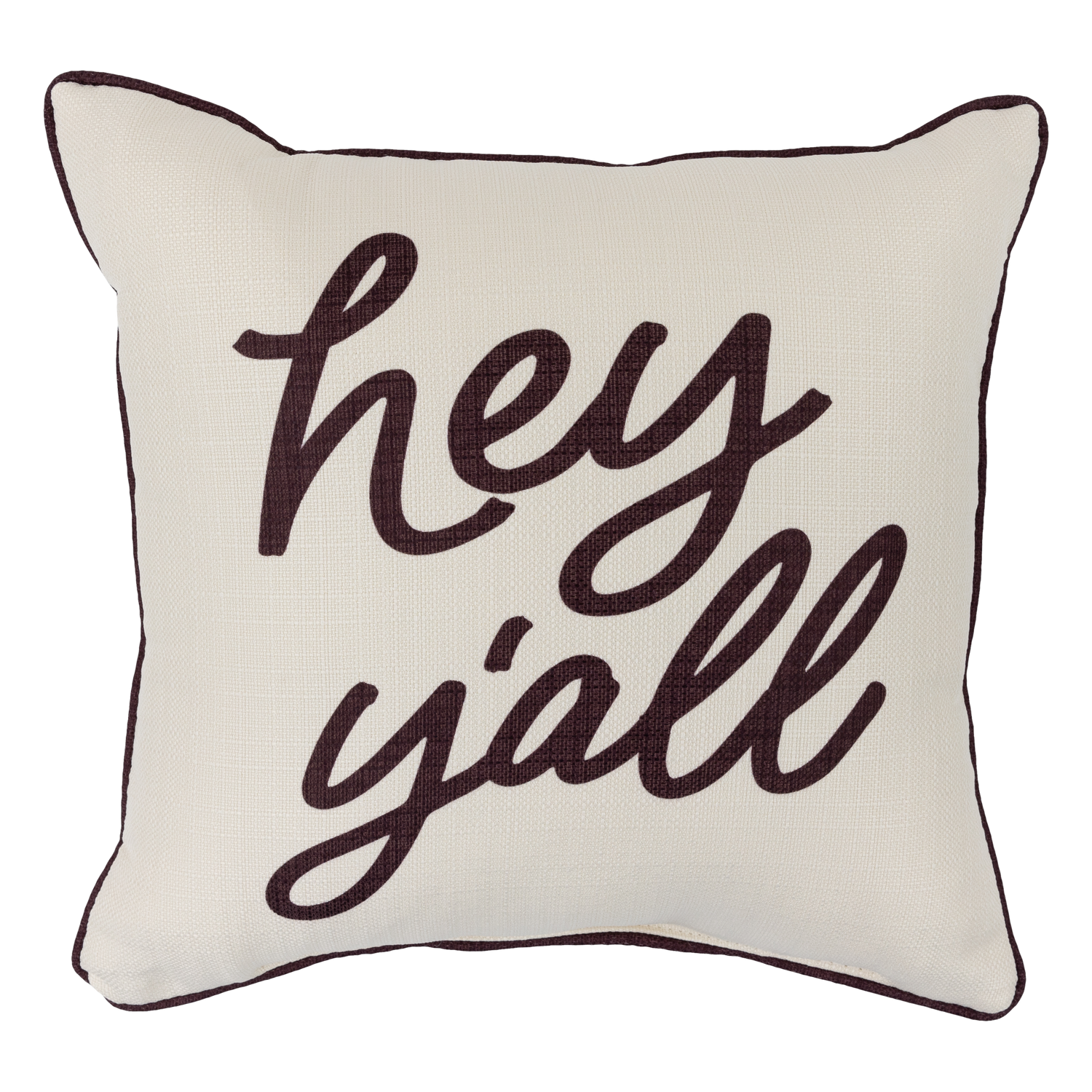 White Pillow with maroon outline and text Hey Y'all Script Pillow