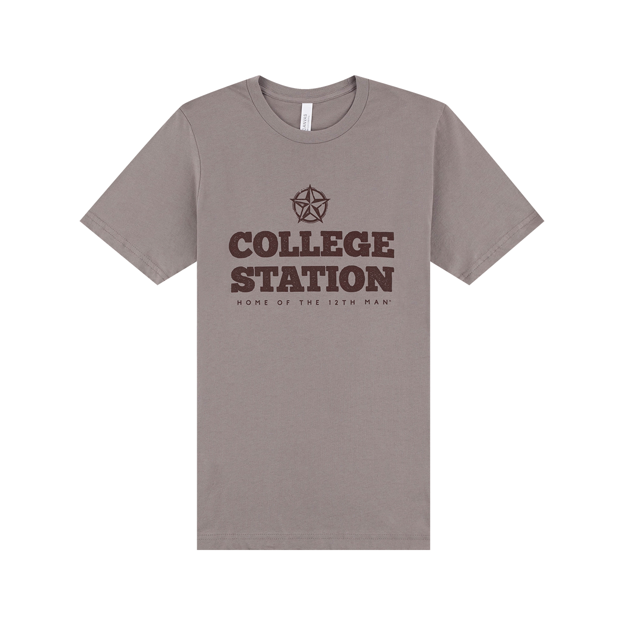 Gray t-shirt with "College Station Home of the 12th Man" in brown with a star