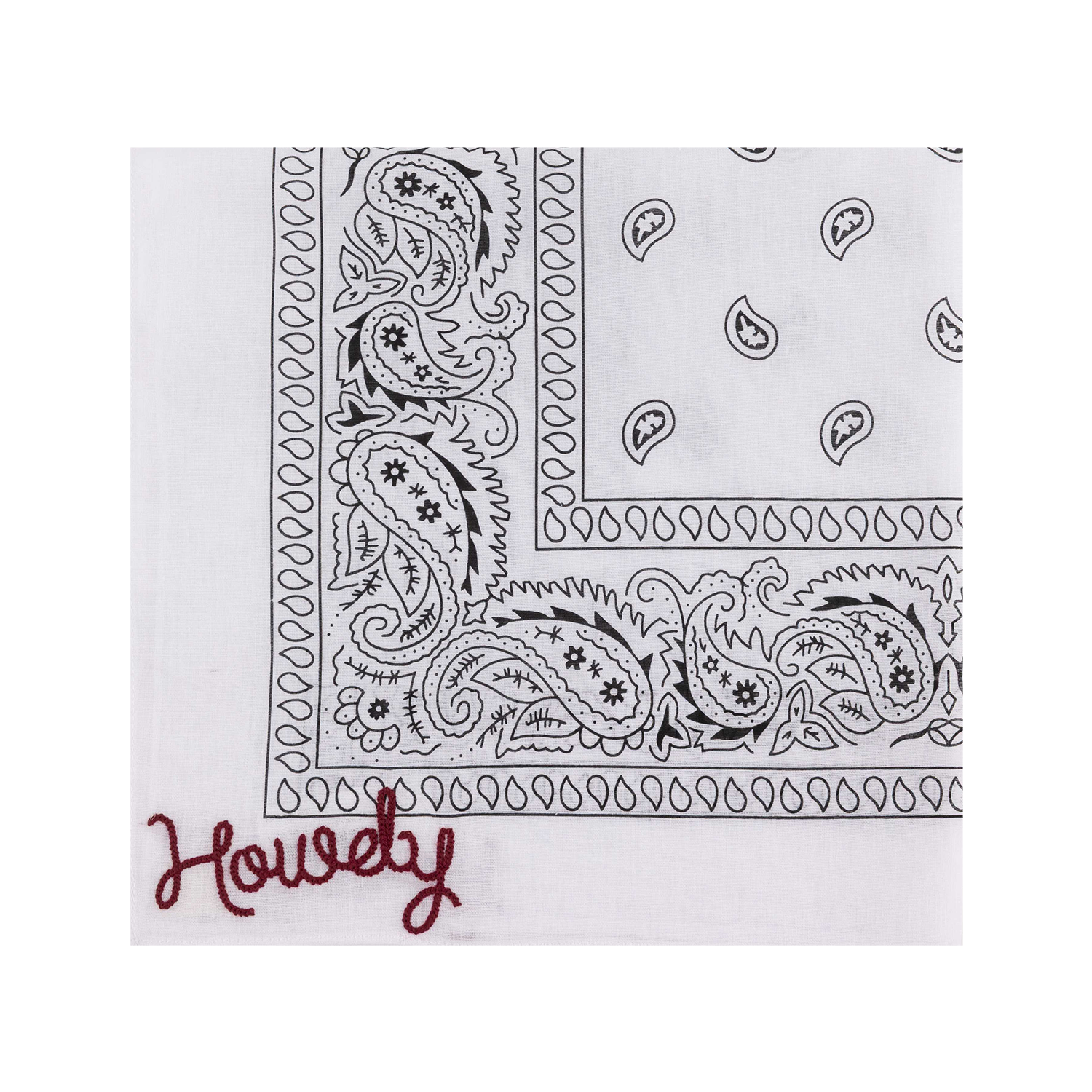 A white bandana featuring a black paisley border and a small black paisley pattern in the corner, with the word 'Howdy' embroidered in maroon script in the lower-left corner.