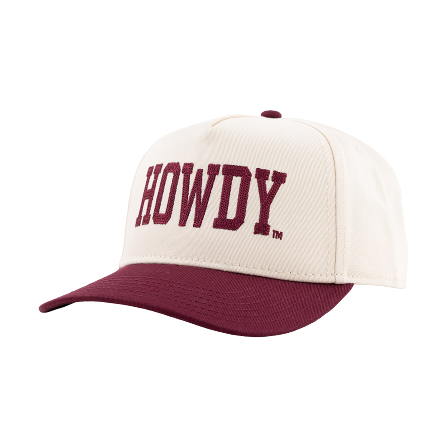 Cream-colored structured baseball cap featuring "HOWDY." embroidered in bold maroon block letters across the front, with a maroon curved visor and matching maroon top button.