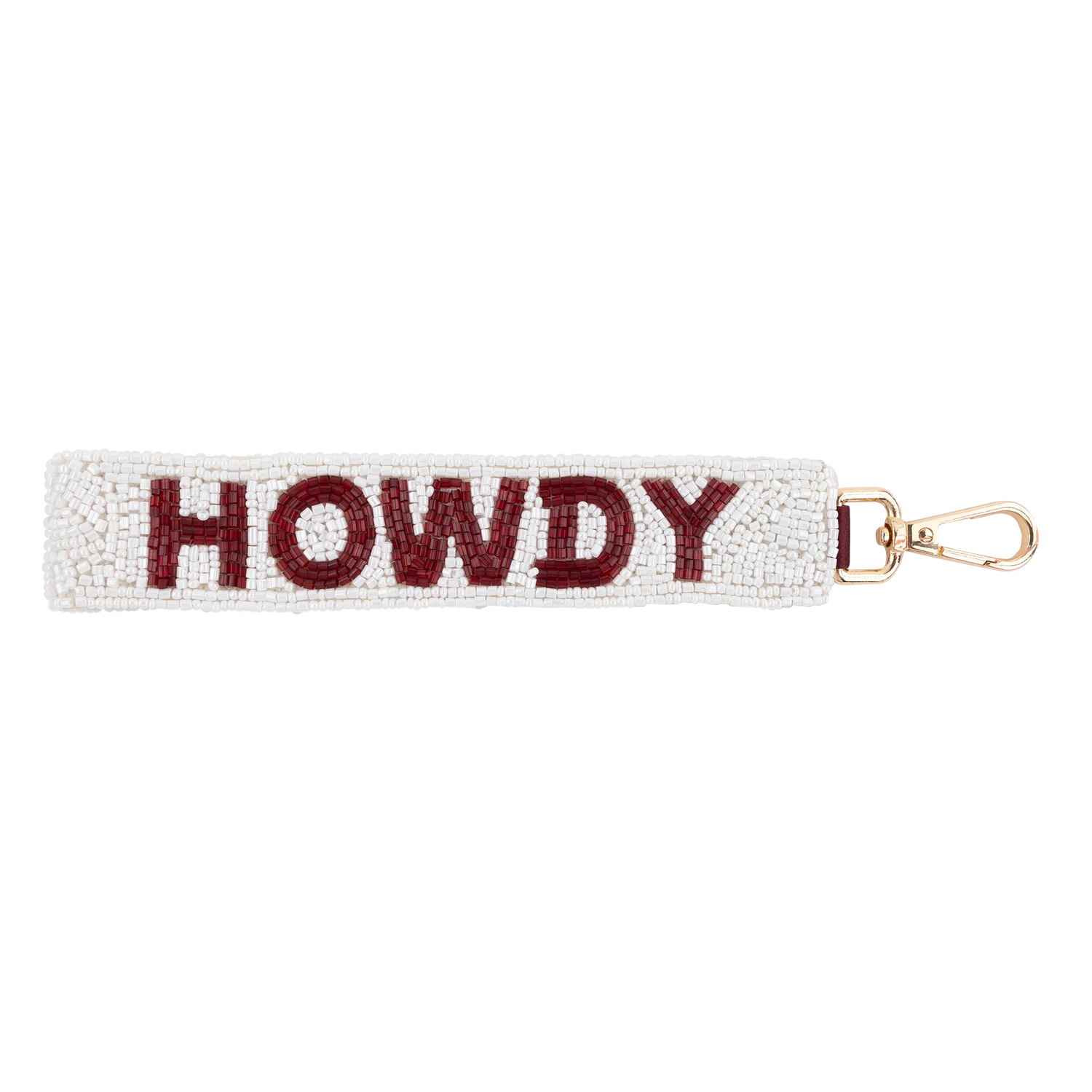 White and Maroon Beaded wristlet with howdy text