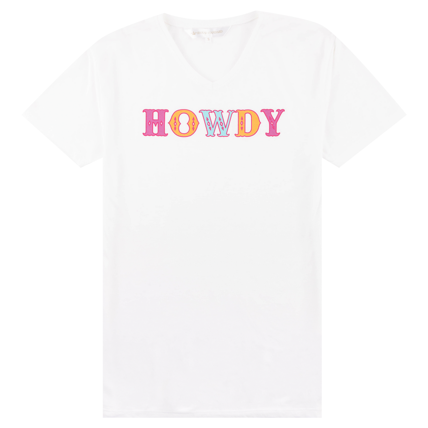 White V neck t-shirt with "HOWDY" in pink, orange, and teal.