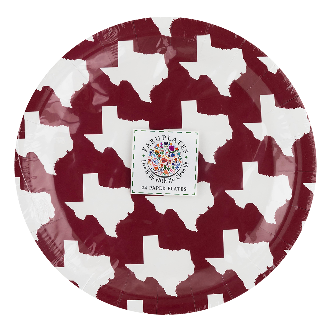 Maroon paper plates with white Texas pattern