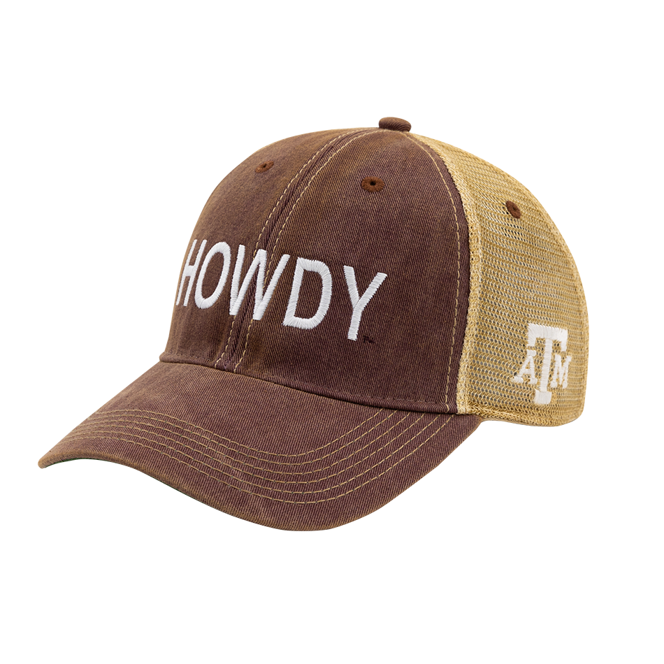 Maroon hat with tan mesh backing with "HOWDY" in white on the front.