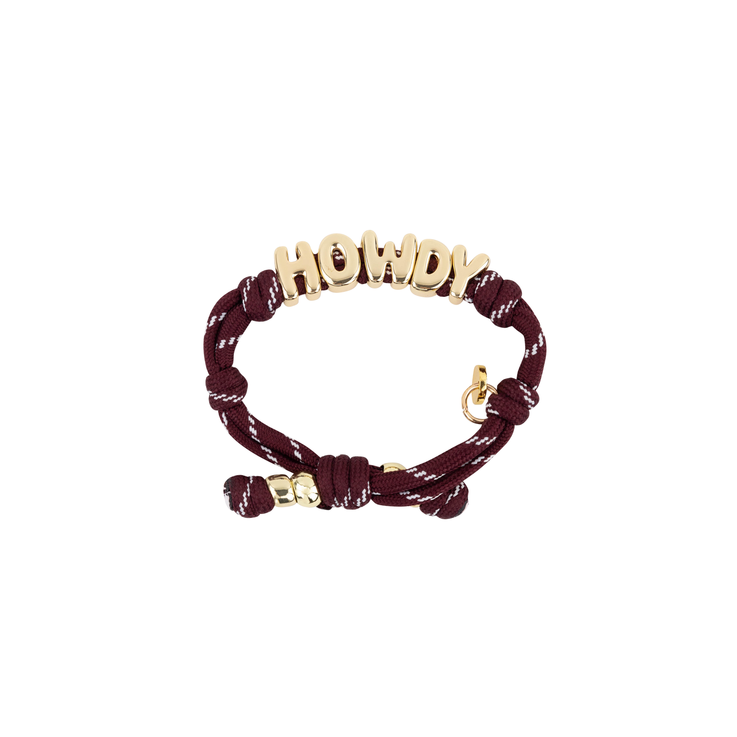 Maroon paracord with gold bubble letters spelling "HOWDY"