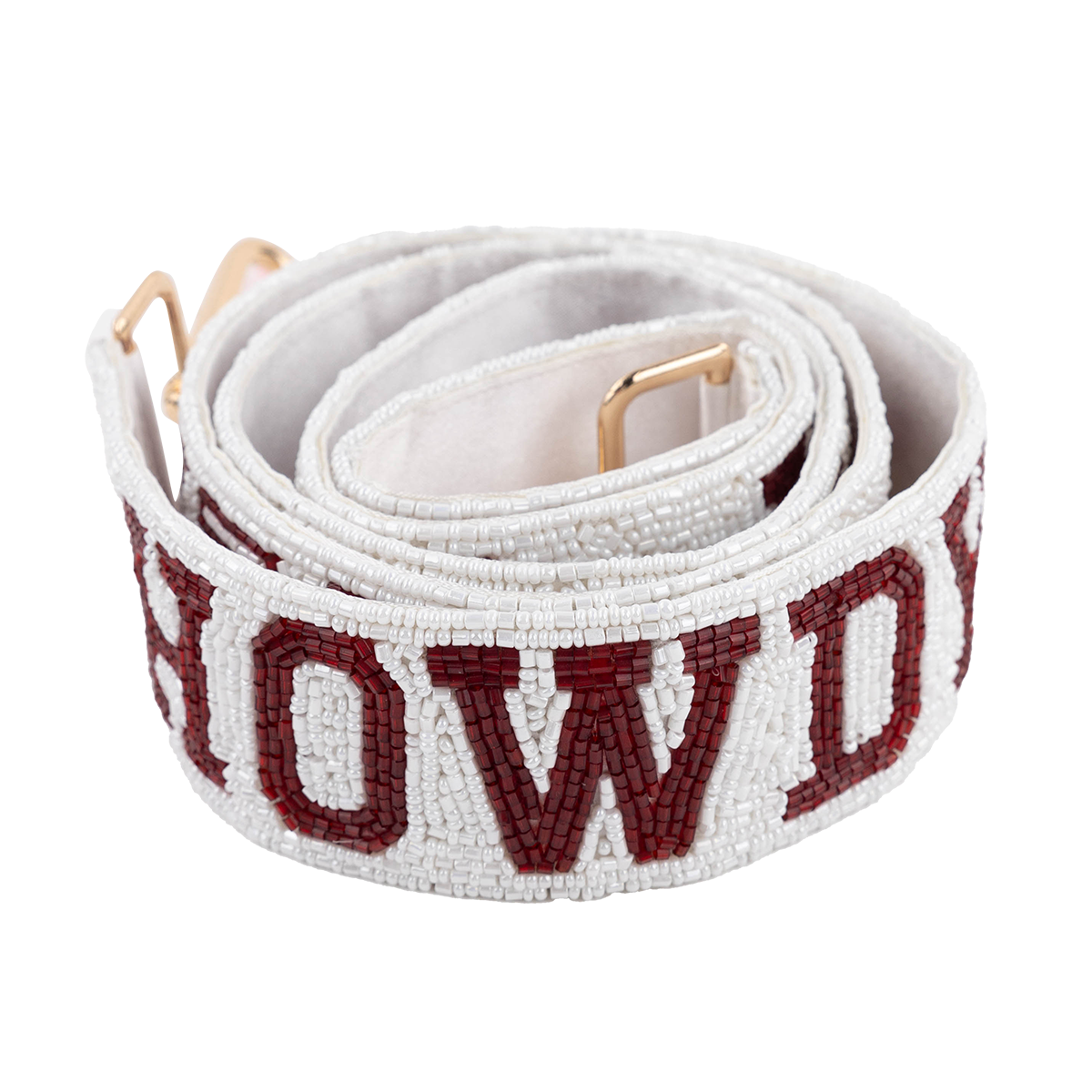 A white woven belt with large maroon lettering spelling 'HOWDY' and gold-tone metal buckle and tip