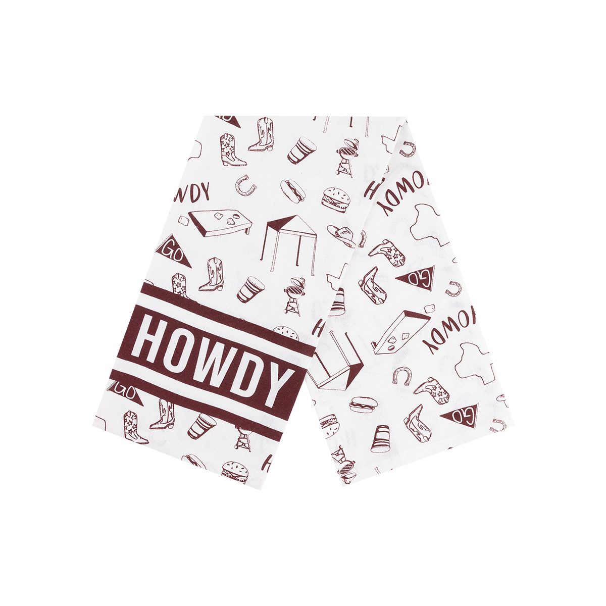 White hand towel with "HOWDY" against a maroon background and maroon tailgate symbols