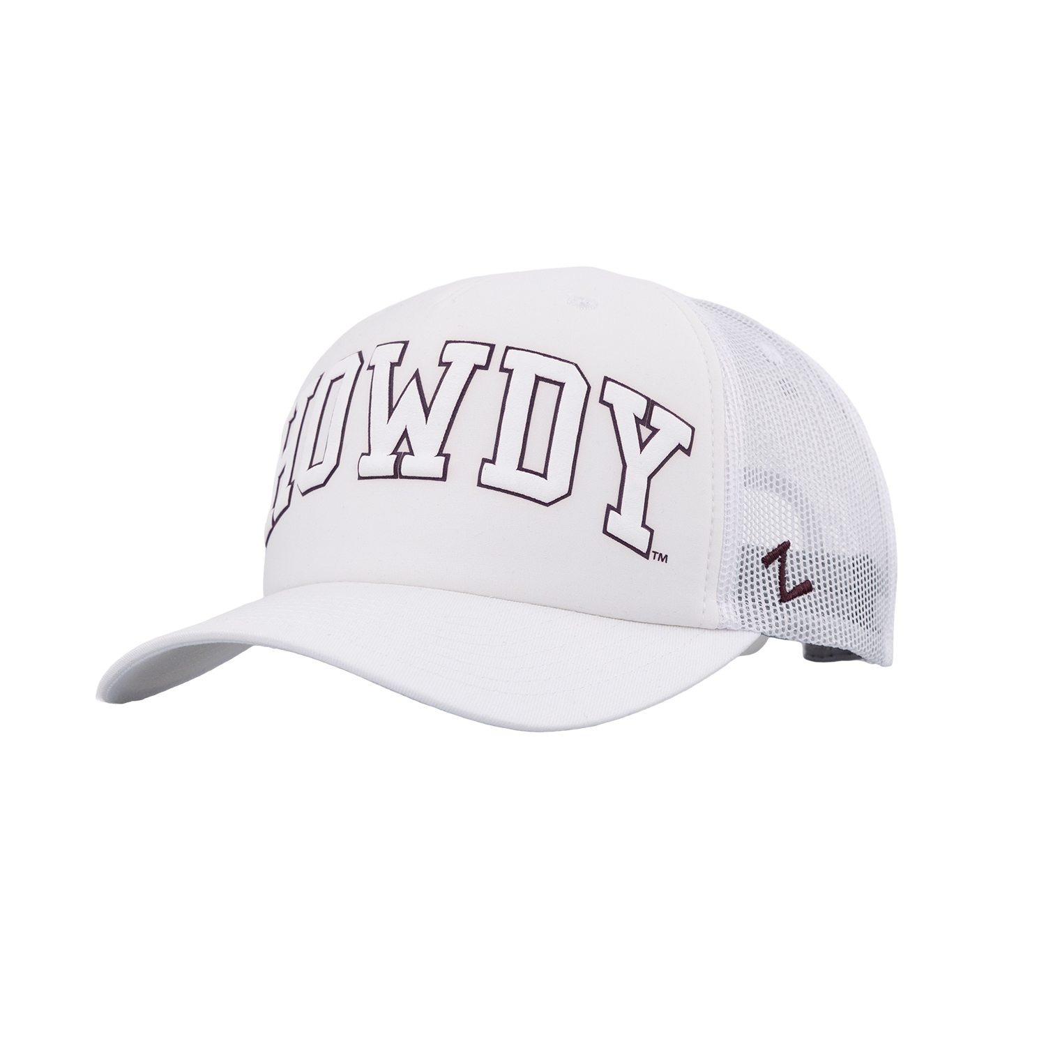 A white trucker-style baseball cap with a curved brim, featuring 'HOWDY' printed in arched varsity letters on the front panel and a small 'Z' logo on the side mesh, shown against a plain white background.