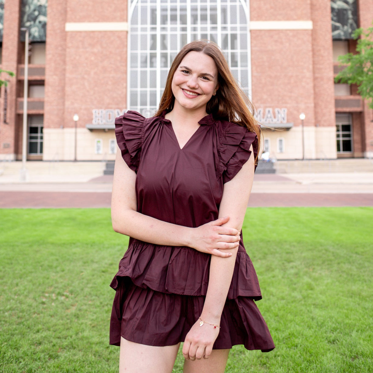Collegiate Outfitters Double Ruffle Sleeve Dress in Maroon, Size Large, Cotton from Aggieland Outfitters Collegiate Outfitters Double Ruffle Sleeve Dress in Maroon, Size Large, Cotton from Aggieland Outfitters