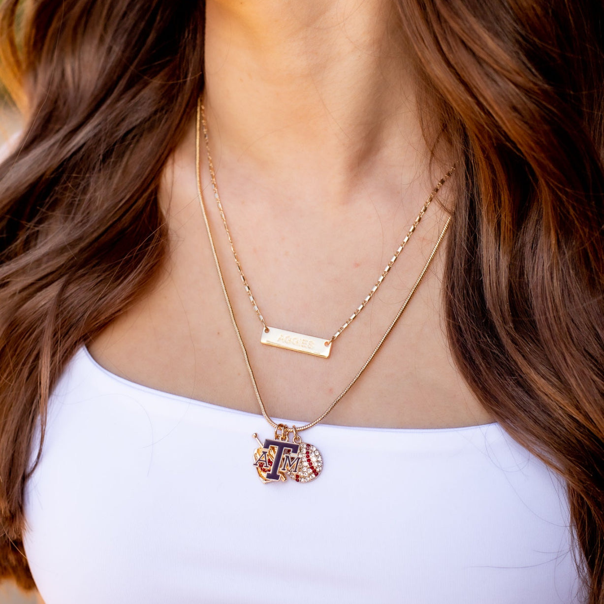 Texas A&M Emerson Street Layered Baseball Charm Necklace