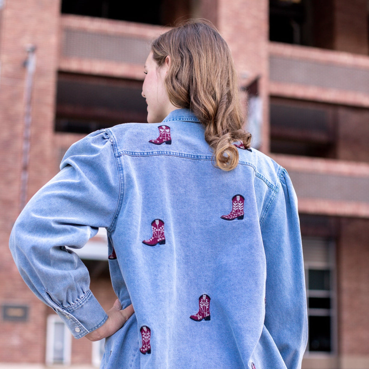 Boots Pearl Snap Denim Long Sleeve Top
