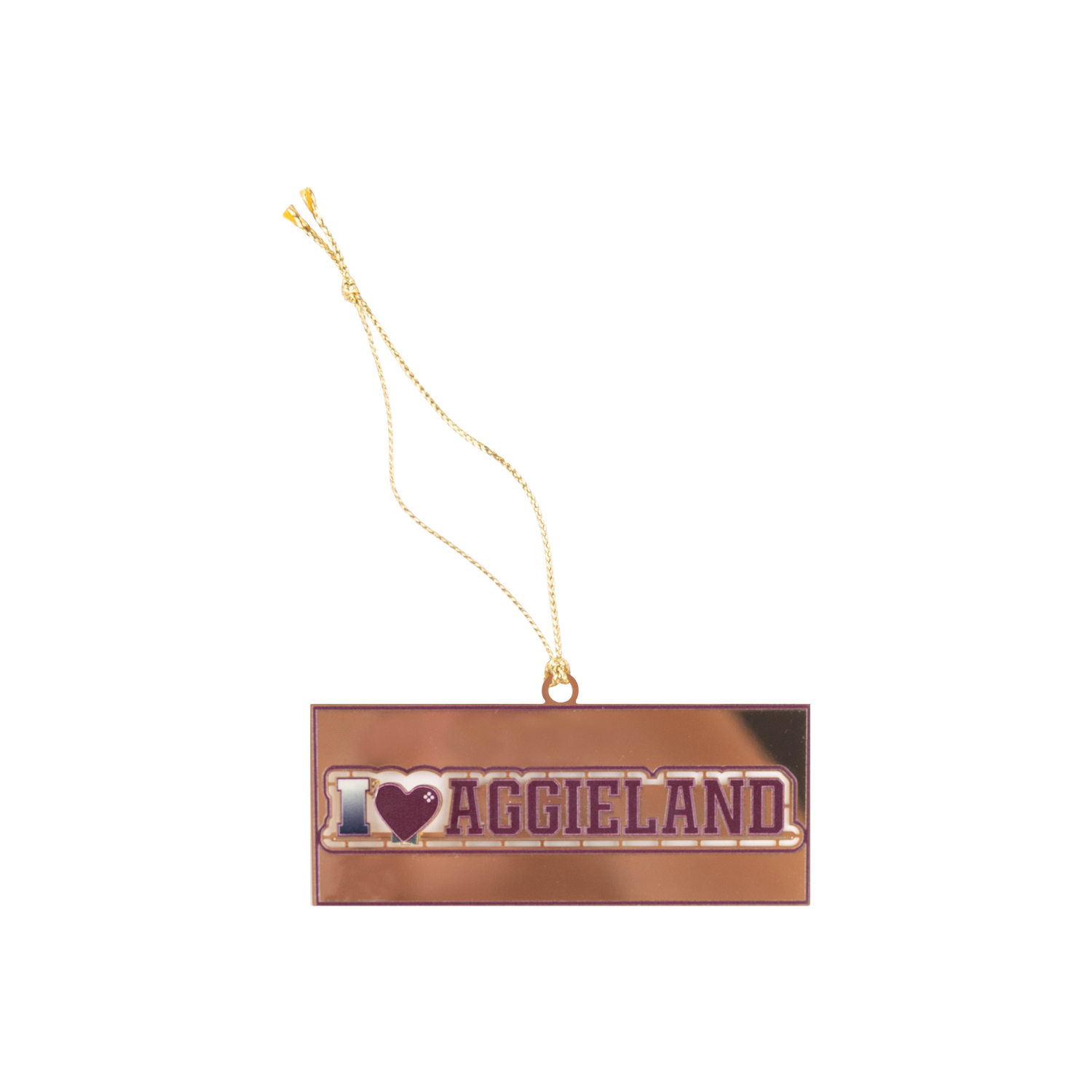 Gold ornament with "I HEART AGGIELAND" in maroon