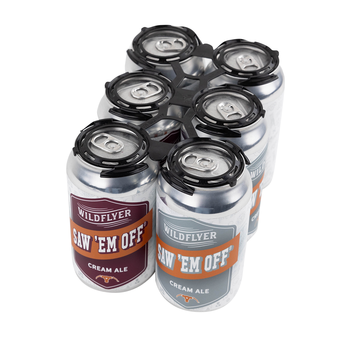 Six-pack of Wildflyer Saw 'em Off Cream Ale cans in a black holder
