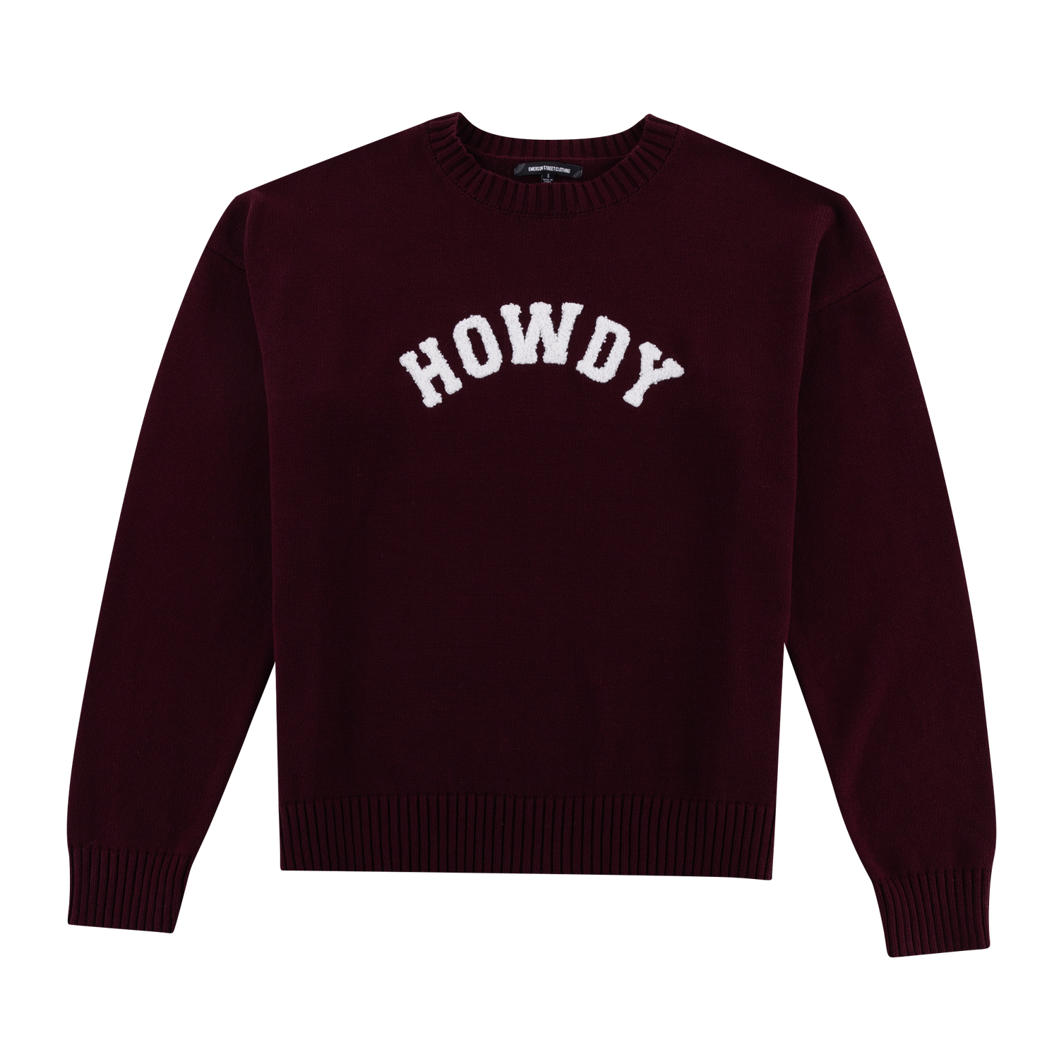 Maroon sweater with "HOWDY" in white.