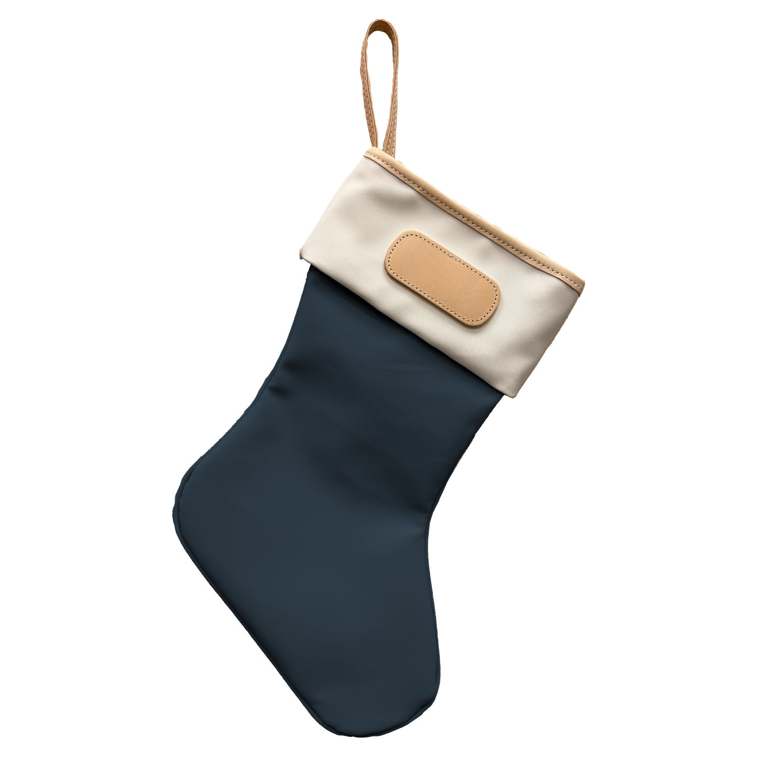 Navy Christmas stocking with customizable patch