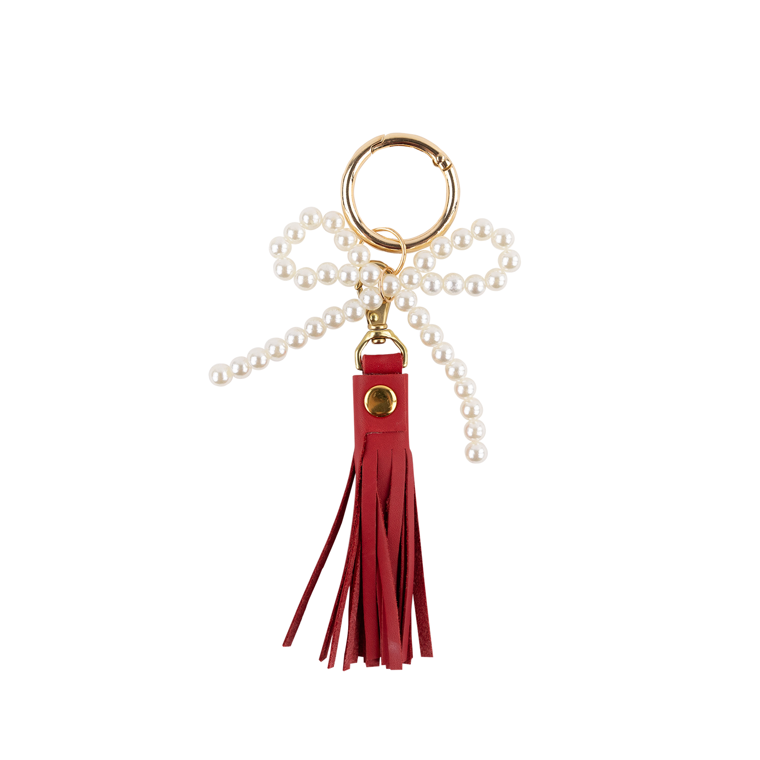 A decorative keychain charm featuring a gold-tone split ring, a pearl-beaded bow, and a red faux-leather tassel with a gold-tone snap button.