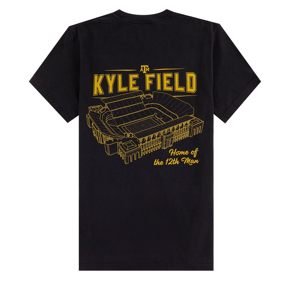Black t-shirt with yellow 'Kyle Field' stadium graphic and text