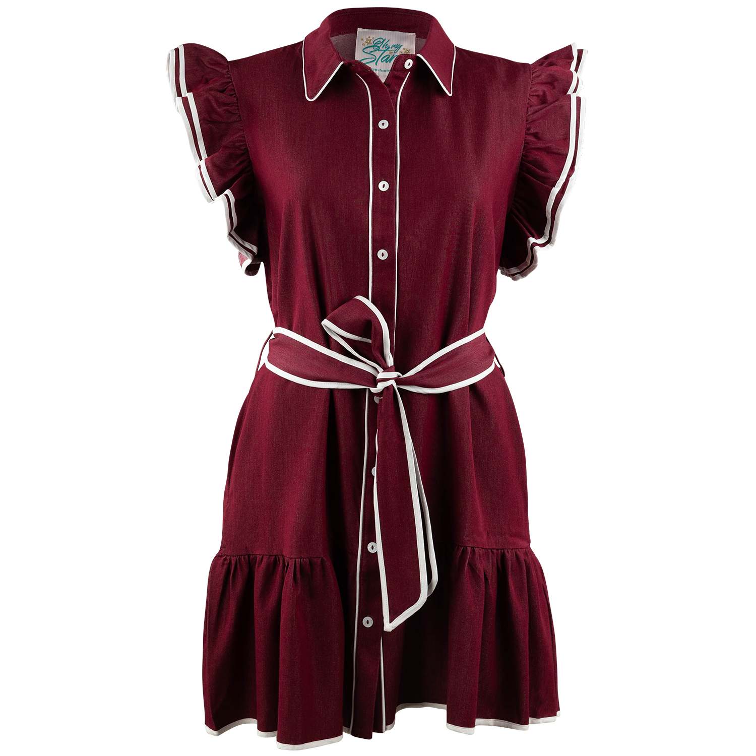 A sleeveless burgundy dress with white piping details, featuring a pointed collar, button-down front, ruffled cap sleeves, a matching waist tie belt, and tiered ruffle hems.
