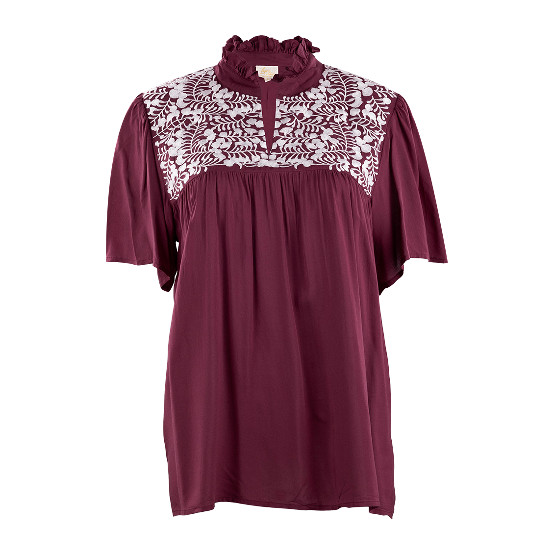 Maroon blouse with white floral embroidery for the top. Ruffled collar