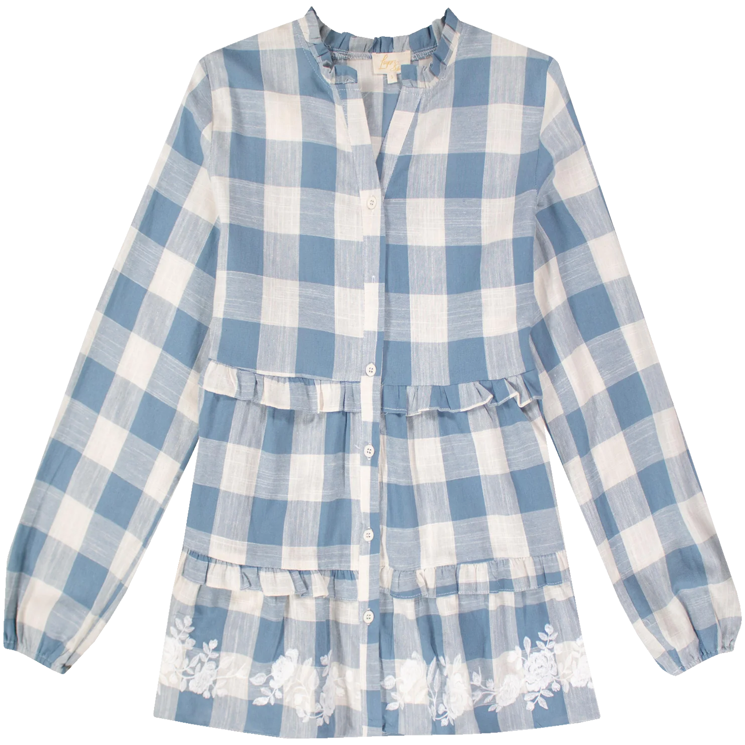 Blue and white plaid long-sleeve button-down dress with a ruffled collar, layered ruffle details, and white floral embroidery along the hem.